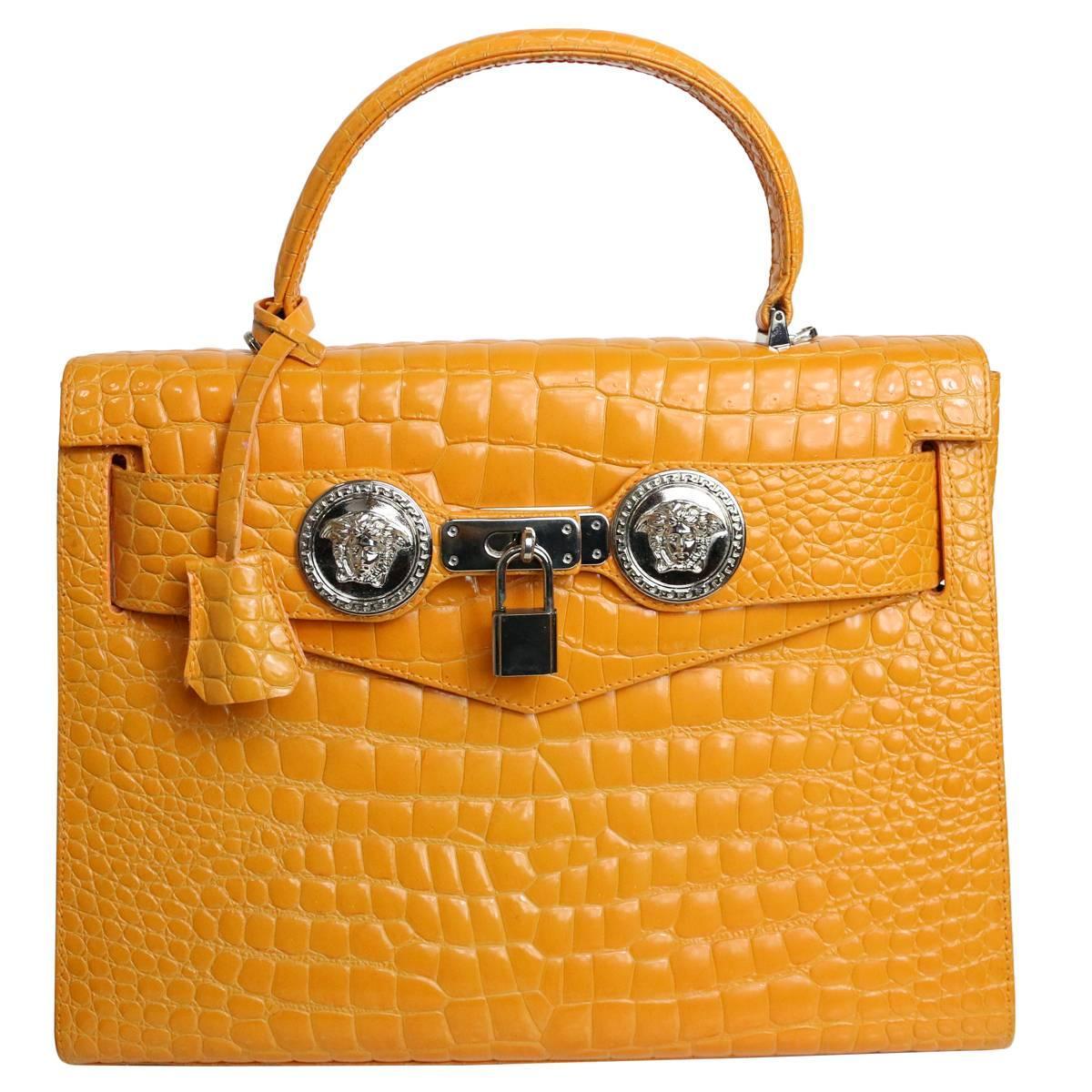 Gianni Versace Couture Orange Croc Embossed Enamel Leather Kelly Style Handbag For Sale at 1stdibs