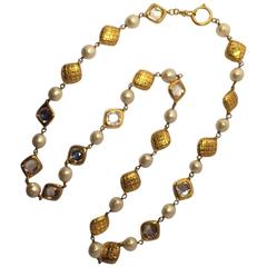 Vintage Chanel Long Gold, Pearl and Crystal Necklace