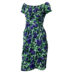 Vintage Ceil Chapman 1950er Lila & Grünes geblümtes Vintage-Kleid mit Rüschen