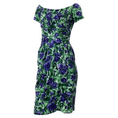 Retro Ceil Chapman 1950s Purple & Green Floral Dress W Ruching