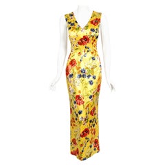 Vintage 1999 Dolce & Gabbana Yellow Floral Stretch Silk Boned Hourglass Gown