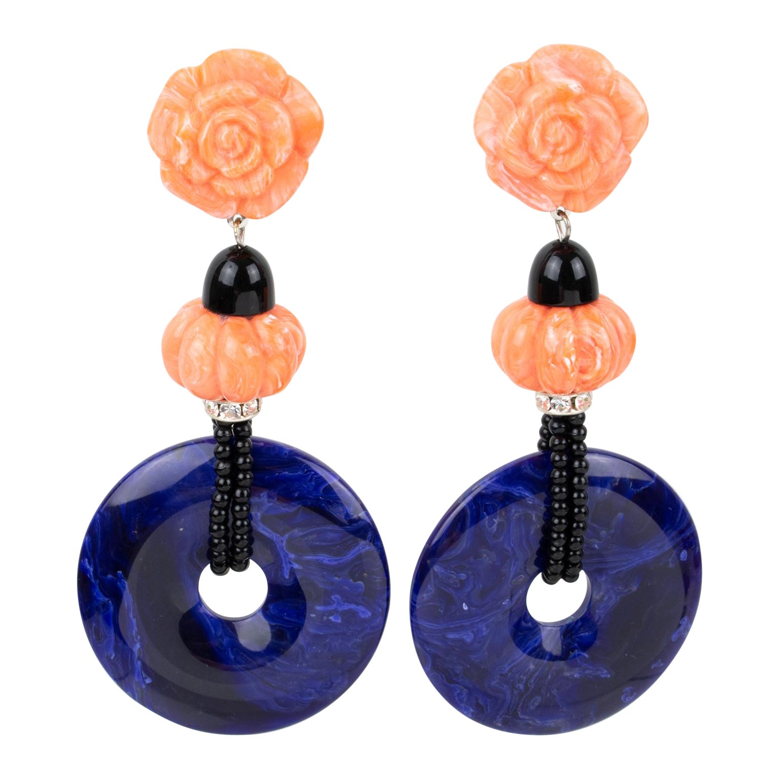 Angela Caputi Dangle Resin Clip Earrings Faux Coral and Lapis For Sale