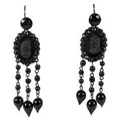 Antique Victorian French Jet Cameo Earrings