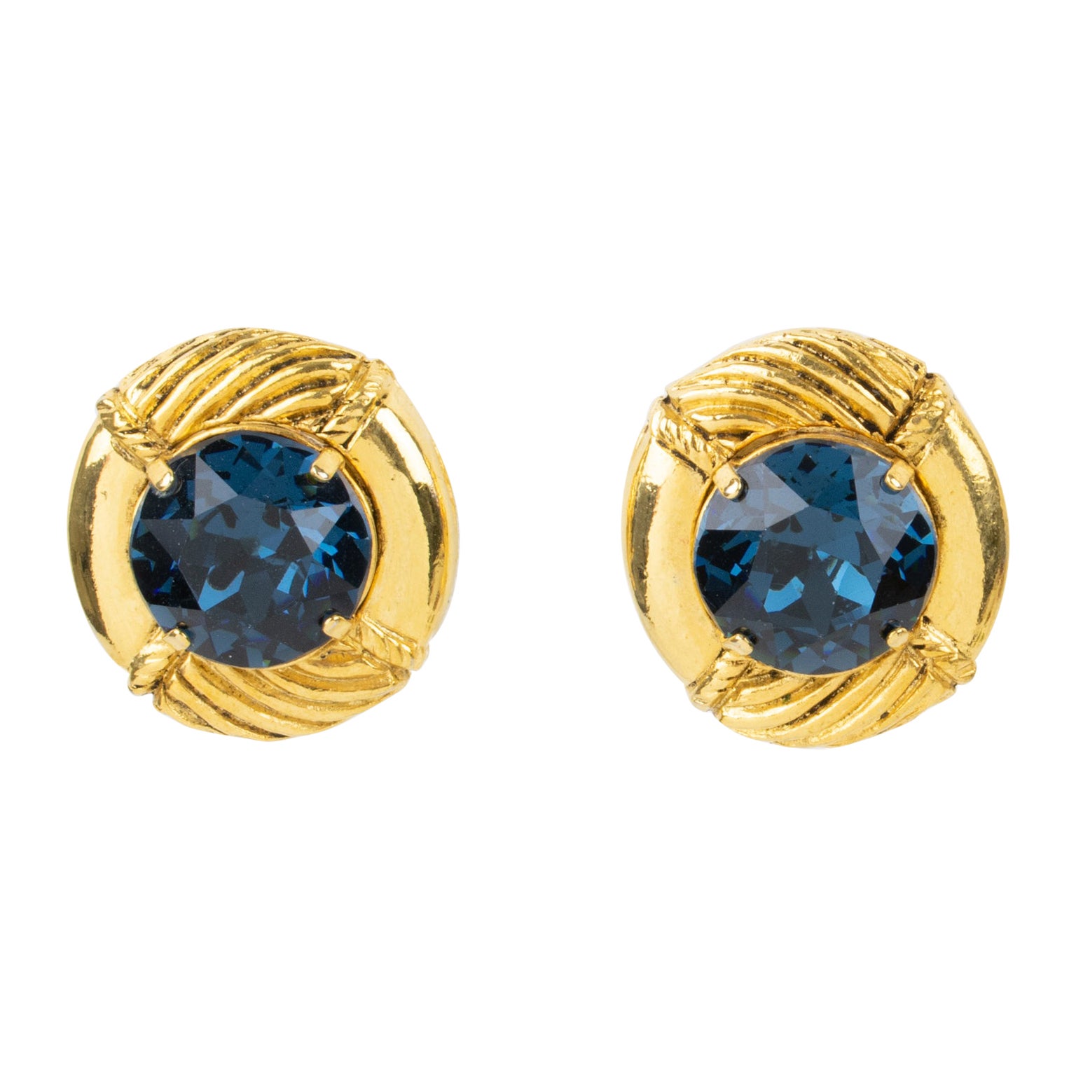 Boucles d'oreilles à clip Sonia Rykiel Paris en métal doré et strass de cristal bleu en vente