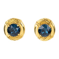 Sonia Rykiel Paris Clip Earrings Gilt Metal and Blue Crystal Rhinestone