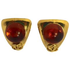 Chanel Gold with Amber Gripoix Glass Cabochon Earrings