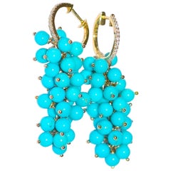 Sleeping Beauty Turquoise Earrings in 14K Solid Yellow Gold, Diamonds