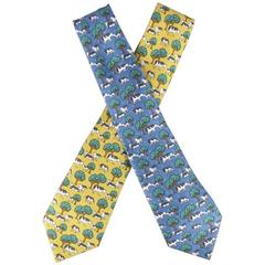 HERMES Light Blue & Yellow Cow And Tree Pint Silk Tie Set