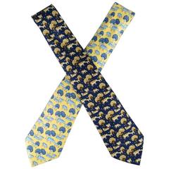 HERMES Yellow & Blue Cow & Tree Print Silk Tie