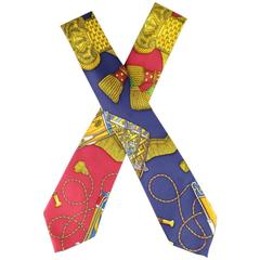 HERMES Navy & Red LES TAMBOURS Print Silk Tie Set