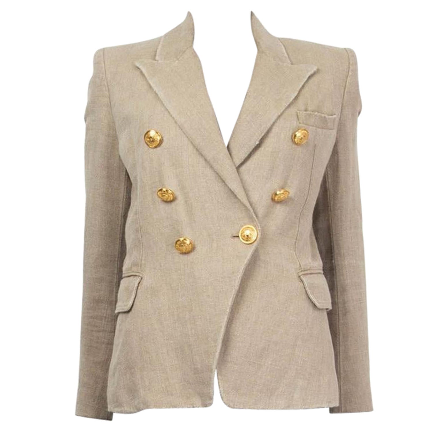 BALMAIN beige distressed linen SIGNATURE DOUBLE BREASTED Blazer Jacket 38 S  For Sale at 1stDibs