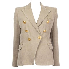 BALMAIN beige distressed linen SIGNATURE DOUBLE BREASTED Blazer Jacket 38 S