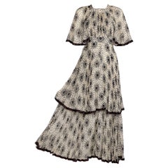 Retro Divine 1970s Jean Muir Pleated Chiffon Ivory Black Dots Layered dress