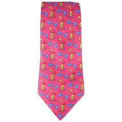 HERMES Raspberry Pelican And Fish Print Silk Tie