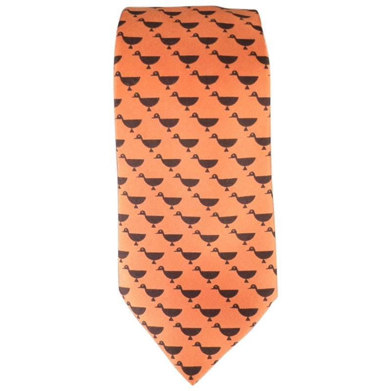 HERMES Orange And Black Duck Print Silk Tie