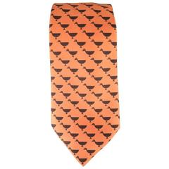 HERMES Orange And Black Duck Print Silk Tie
