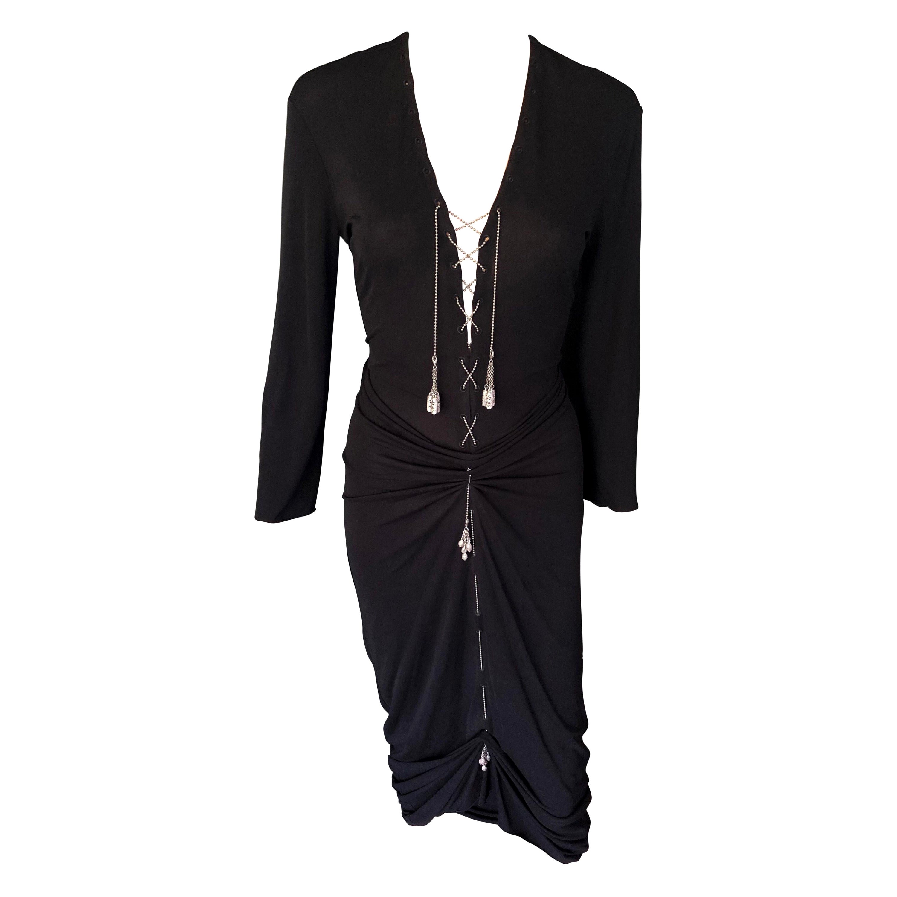  1990's Jean Paul Gaultier Knit Semi-Sheer Chain Embellished Black Dress For Sale