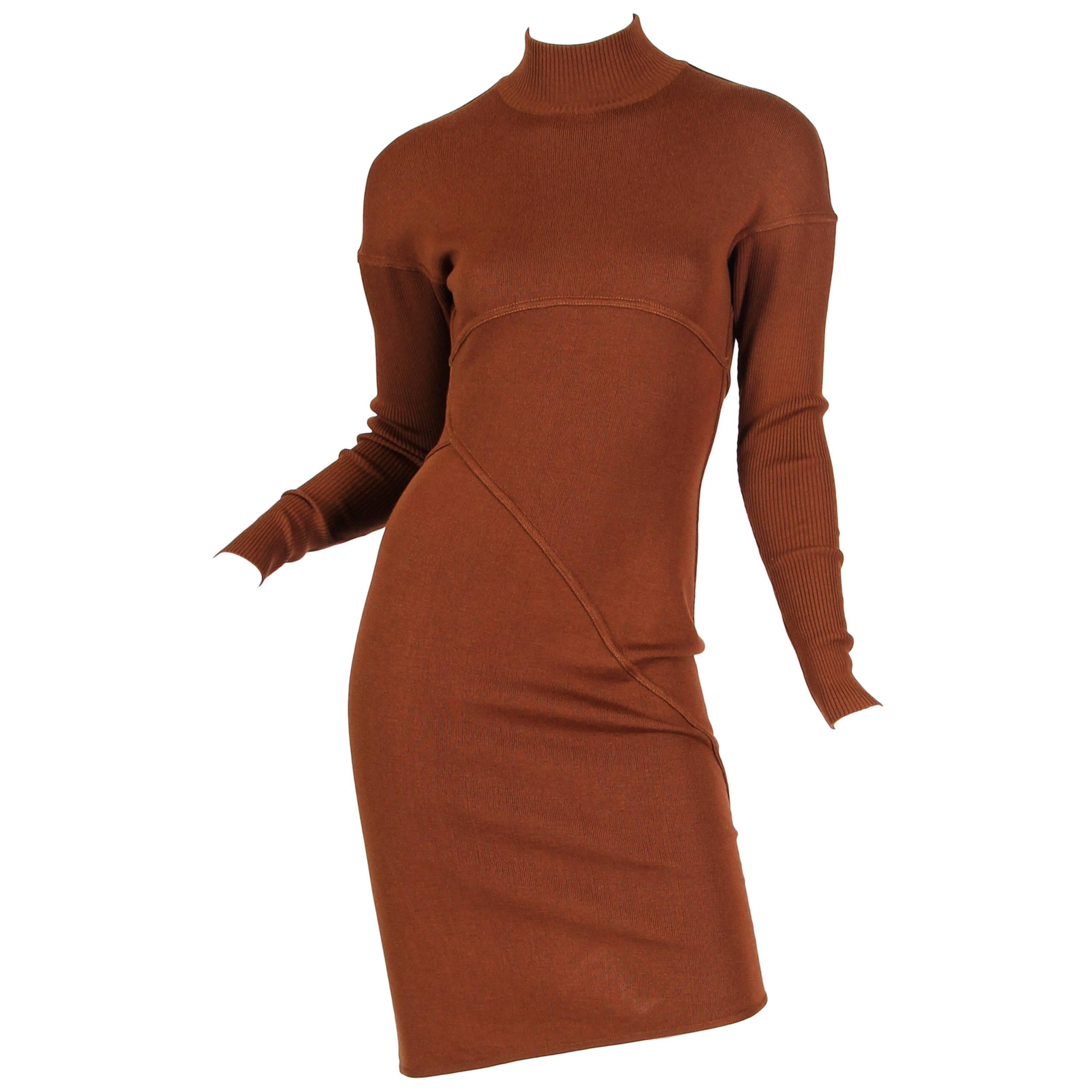 1980S AZZEDINE ALAIA Cinnamon Brown Wool Knit Turtleneck Body-Con Dress With Di