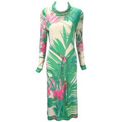 Leonard Paris Botanical Print Silk Jersey Knit Dress, 1960s 