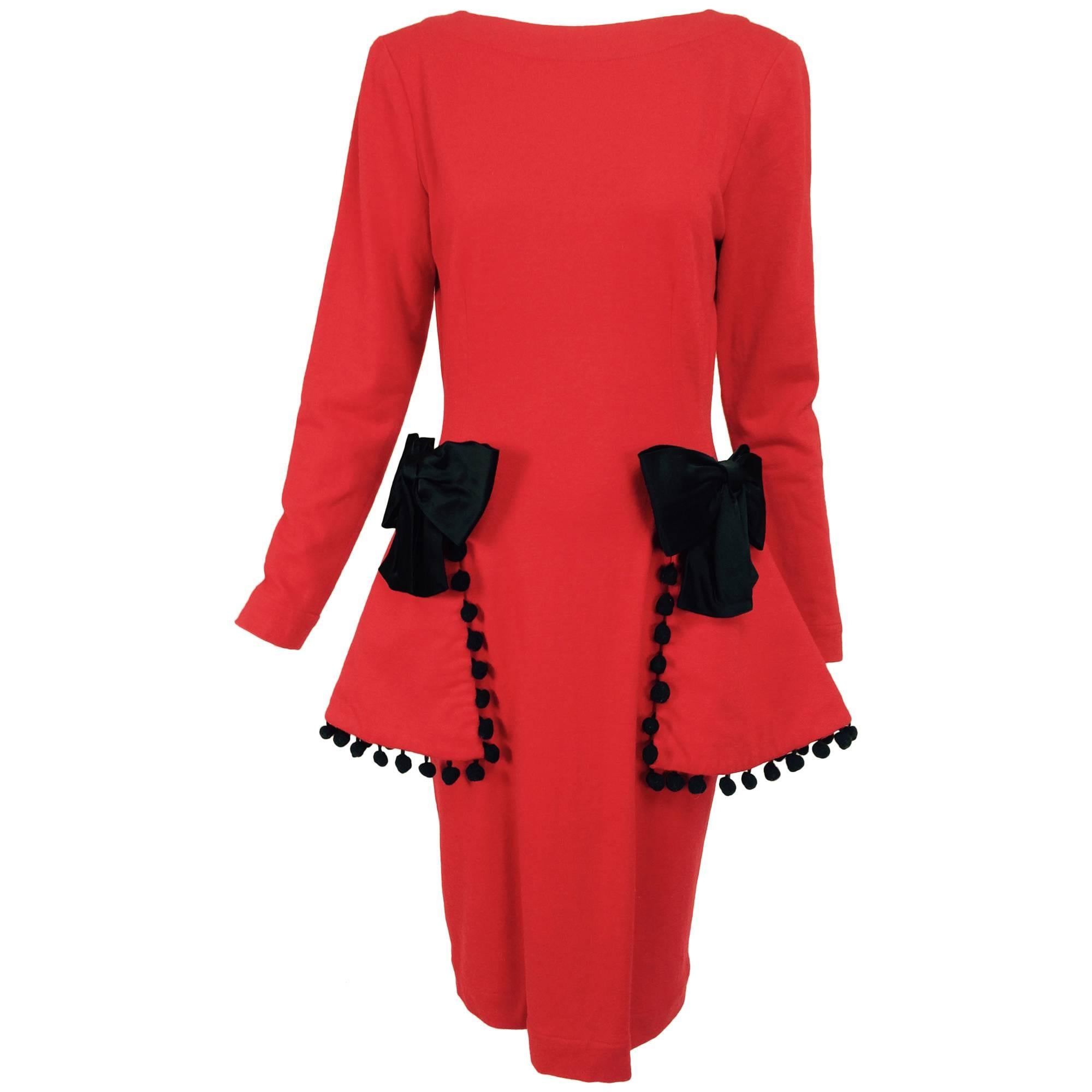 Isabelle Allard Paris red jersey dress with peplum hip bows & pom poms 1990s