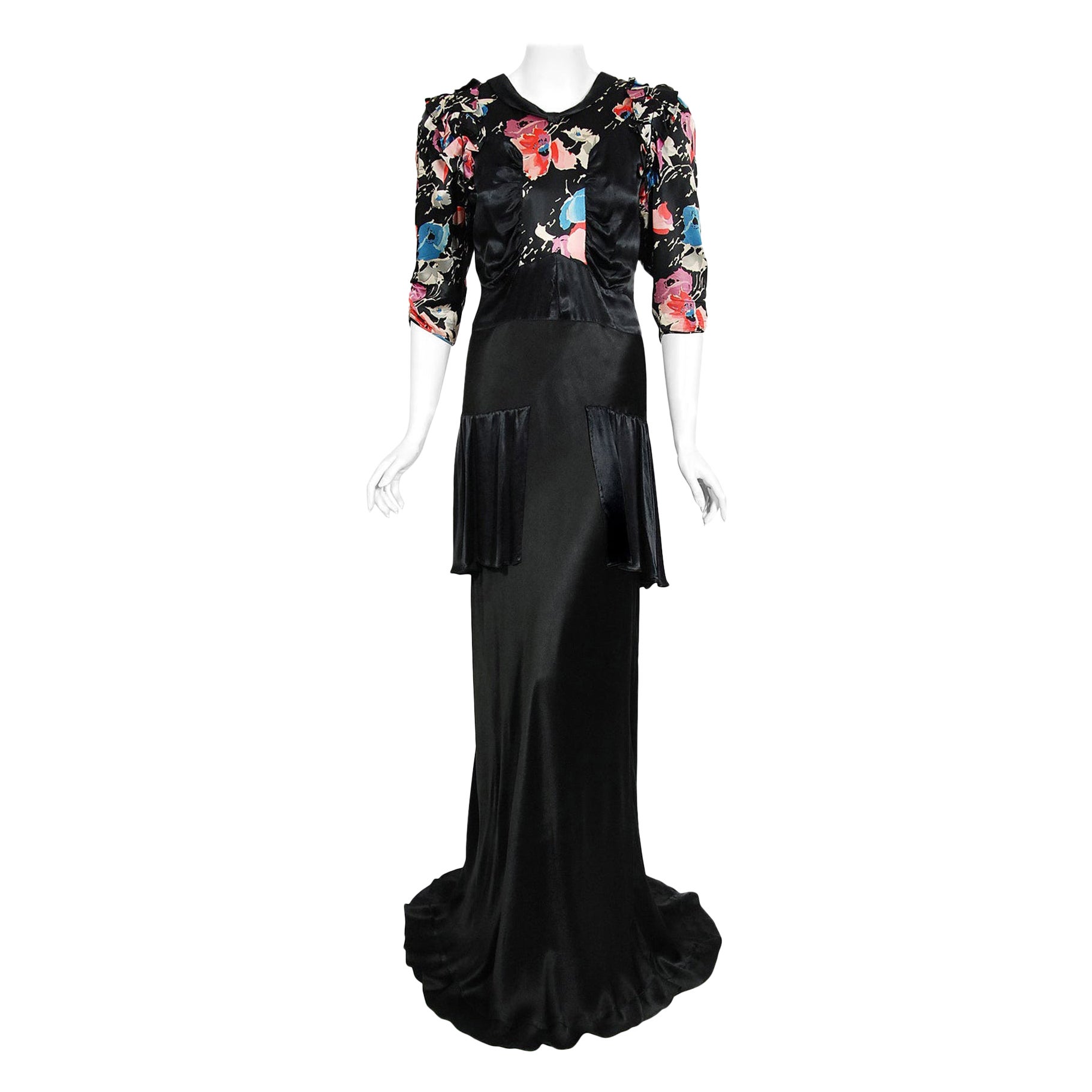 Vintage 1930's Black Floral Print Silk Satin Tiered Bias-Cut Hourglass Deco Gown