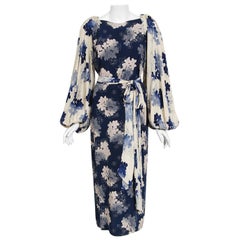 Vintage 1930's Arthur Weiss Blue & Ivory Floral Print Silk Balloon-Sleeve Dress