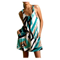 Aqua Sand Geo Print Flora Kung Silk Halter Dress with Pockets NWT