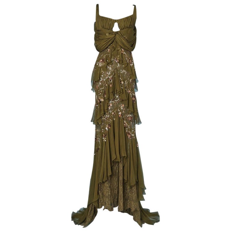 Evening gown in pearl sequined lace chiffon long dress by John Galliano ...