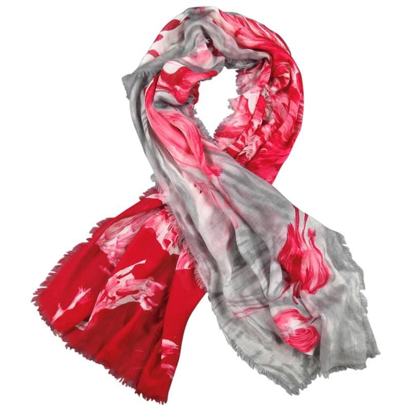 LORO PIANA Red Pink & Gray Cashmere - Silk Floral Anemone Soffio Scarf
