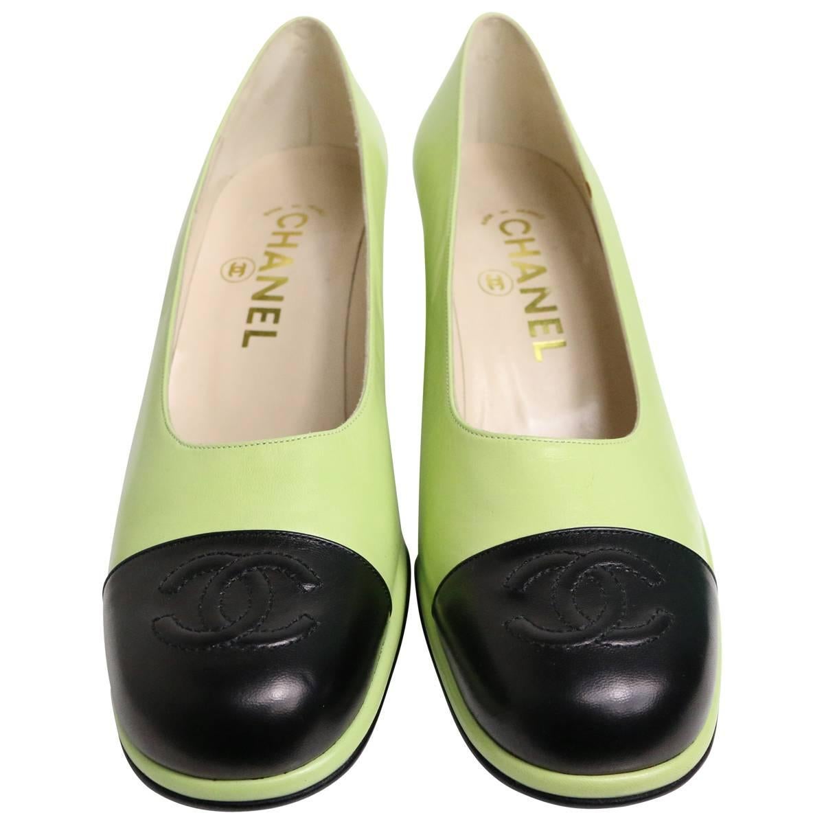 Chanel Green Two Tones Leather Loafers Shoes