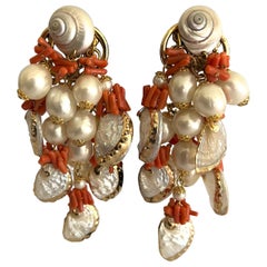 French Vintage Coral, Pearl, and Shell Statement Earrings 