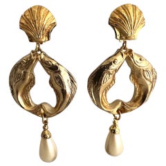 French Vintage Gilt Fish and Pearl Drop Earrings 
