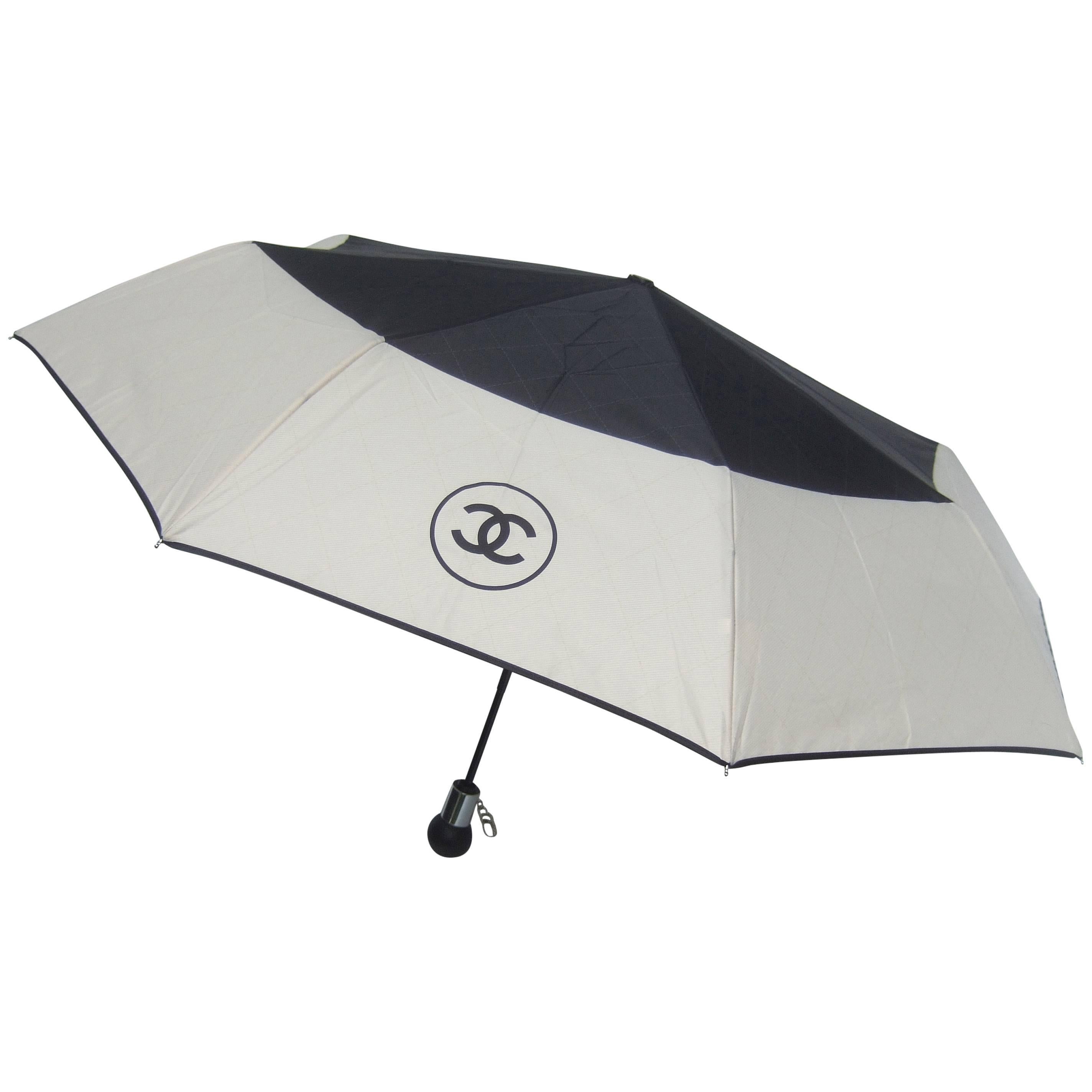 Chanel Black and Ivory Nylon Umbrella in Chanel Box