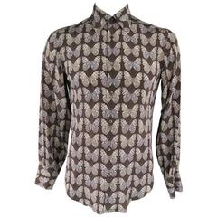 GUCCI Size M Taupe Butterly Print Silk Long Sleeve Dress Shirt