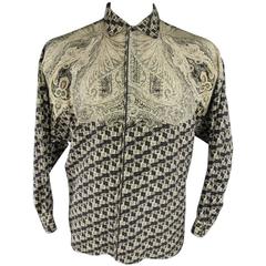 GIANNI VERSACE Men's Size XS Beige & Black Paisley Silk Long Sleeve Shirt