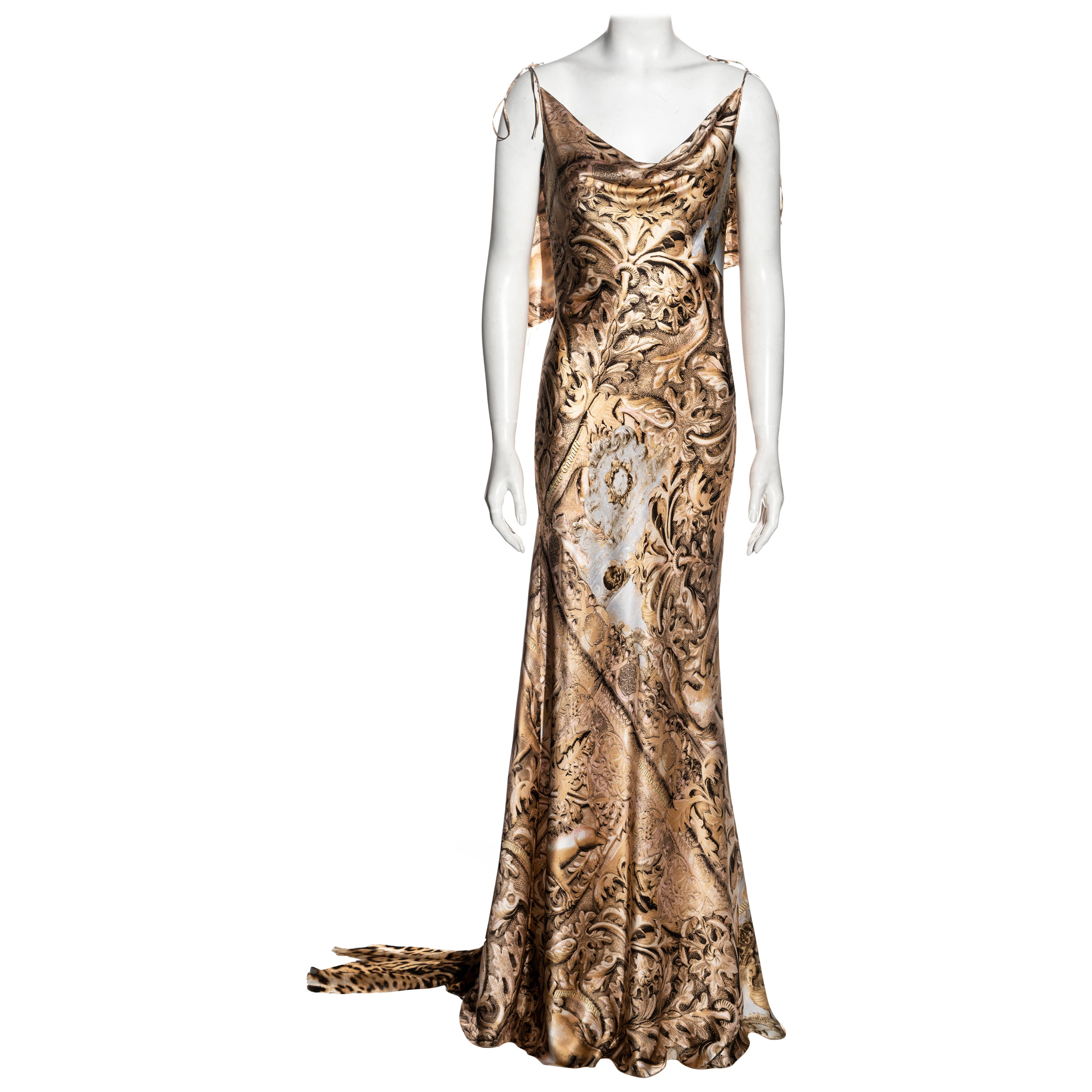 Roberto Cavalli gold baroque and leopard print silk evening dress, fw 2001
