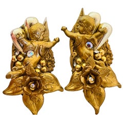 Vintage huge bronze gold cherub angel rhinestone designer clip one earrings