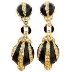 Vintage gold black enamel rhinestones dangle designer runway clip on earrings