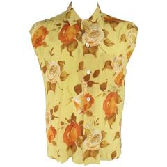 BYBLOS Size S Yellow & Orange Rose Print Silk Chiffon Sleeveless Shirt
