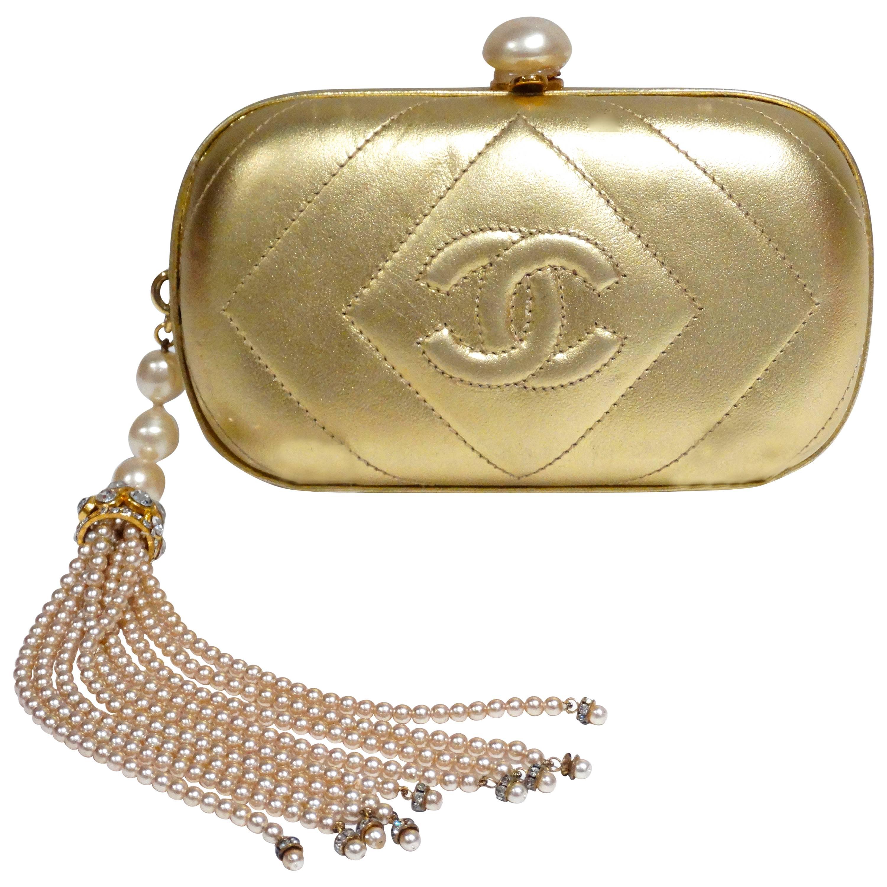 1980s Gold Chanel Clutch with Pearl Tassel 