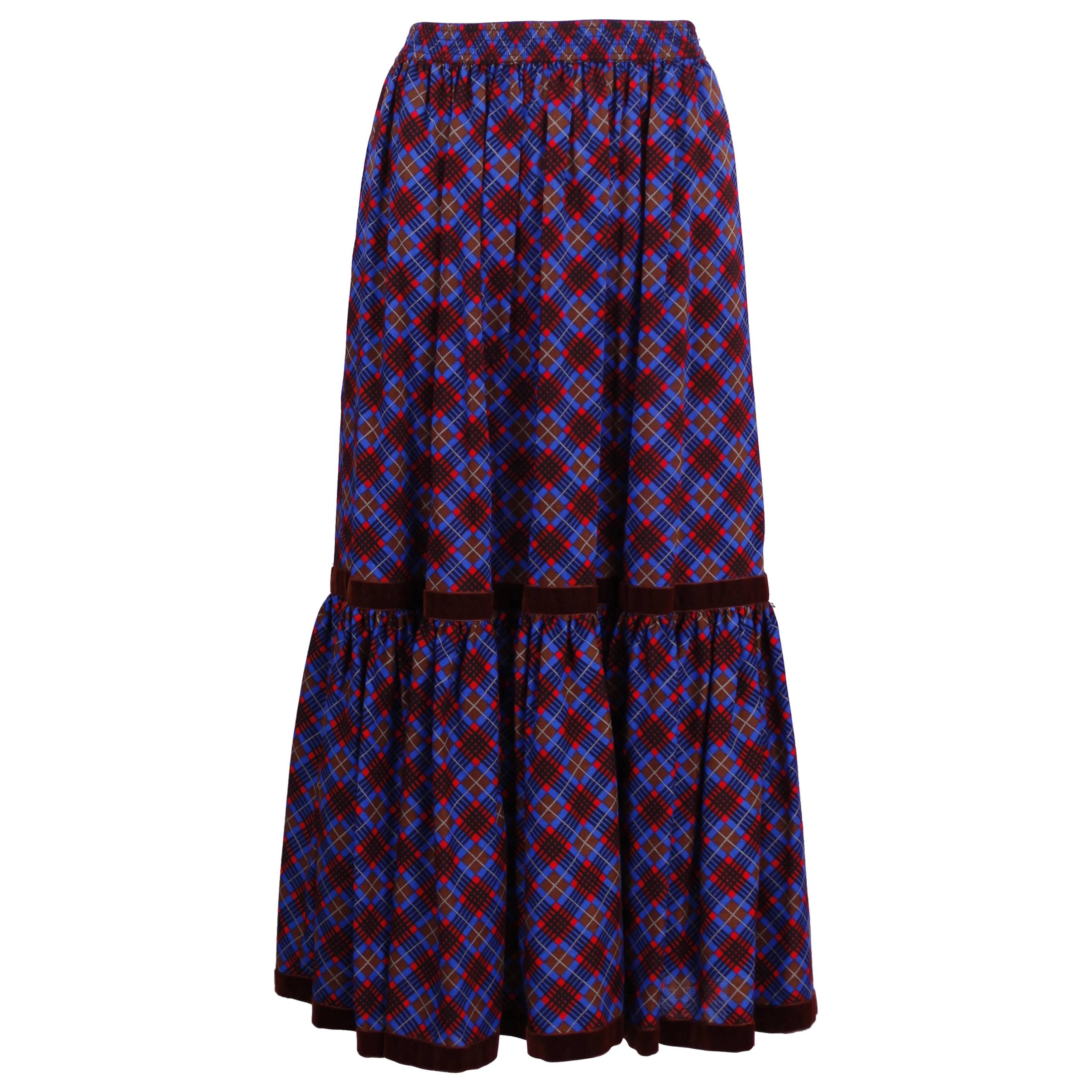 1970s Yves Saint Laurent Plaid Tiered Summer Wool Skirt w/Velvet Trim