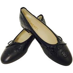 CHANEL Patent Quilted Cap Toe Ballerina Flats 39 Black 97982