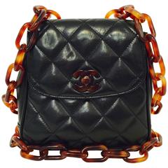 1990s Chanel Black Quilted Lambskin Flap Bag W Tortoise Resin Strap & Lock