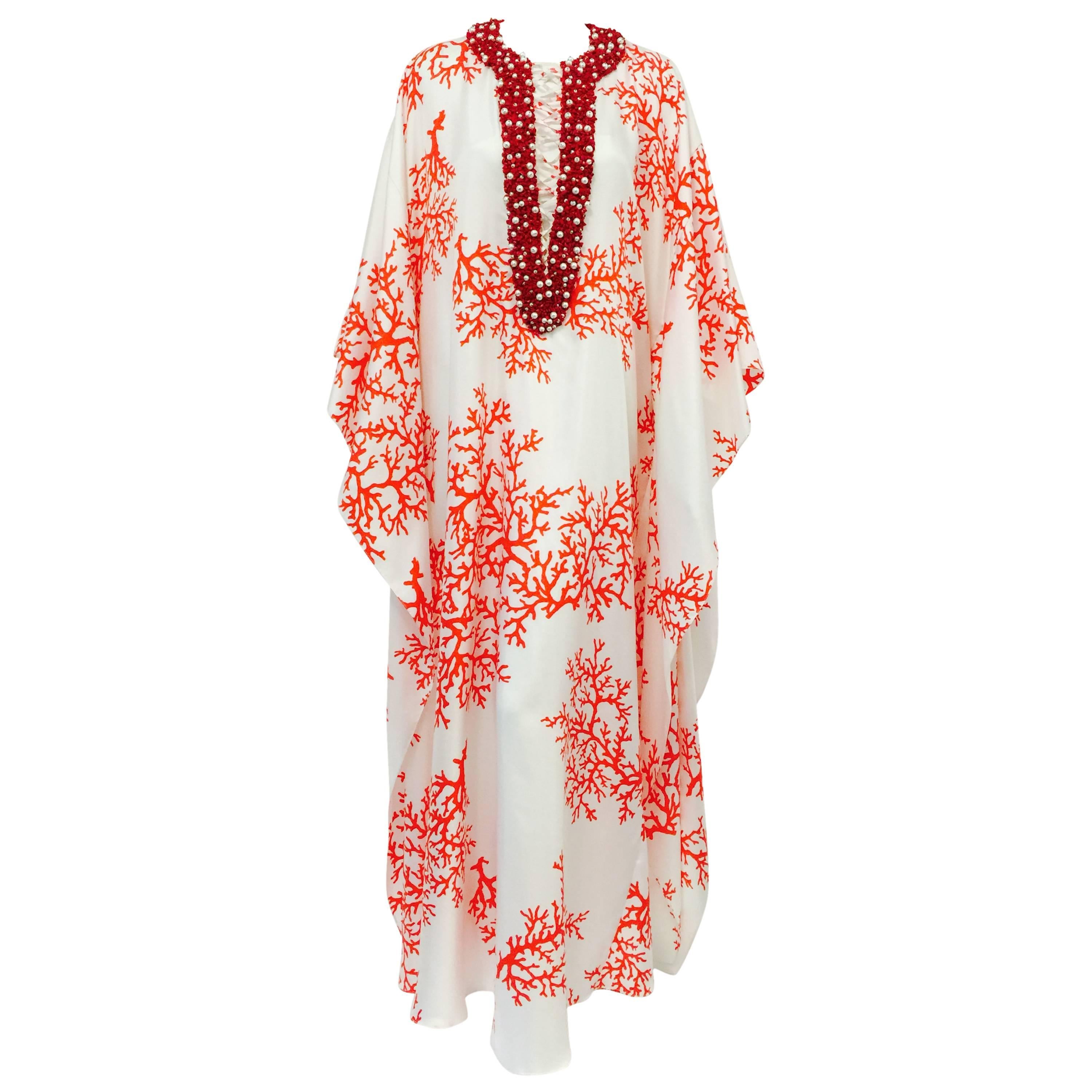 Ultra Luxurious Andrew GN Silk Caftan With Coral Encrusted Neckline