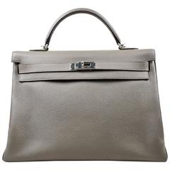 Hermes 'Etain' Gray Clemence Leather Silver Hardware 40cm "Kelly" Handbag
