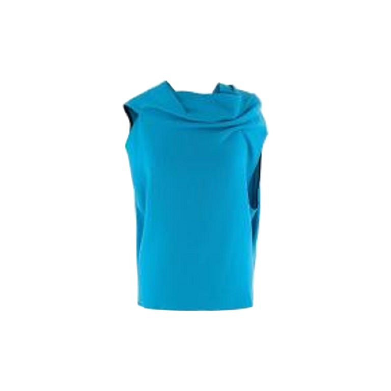 Blue Textured Wool Crepe Tie-Back Draped Top For Sale