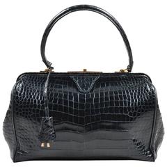 Vintage Hermes Black Gold Tone Crocodile Leather Satchel Frame Handbag