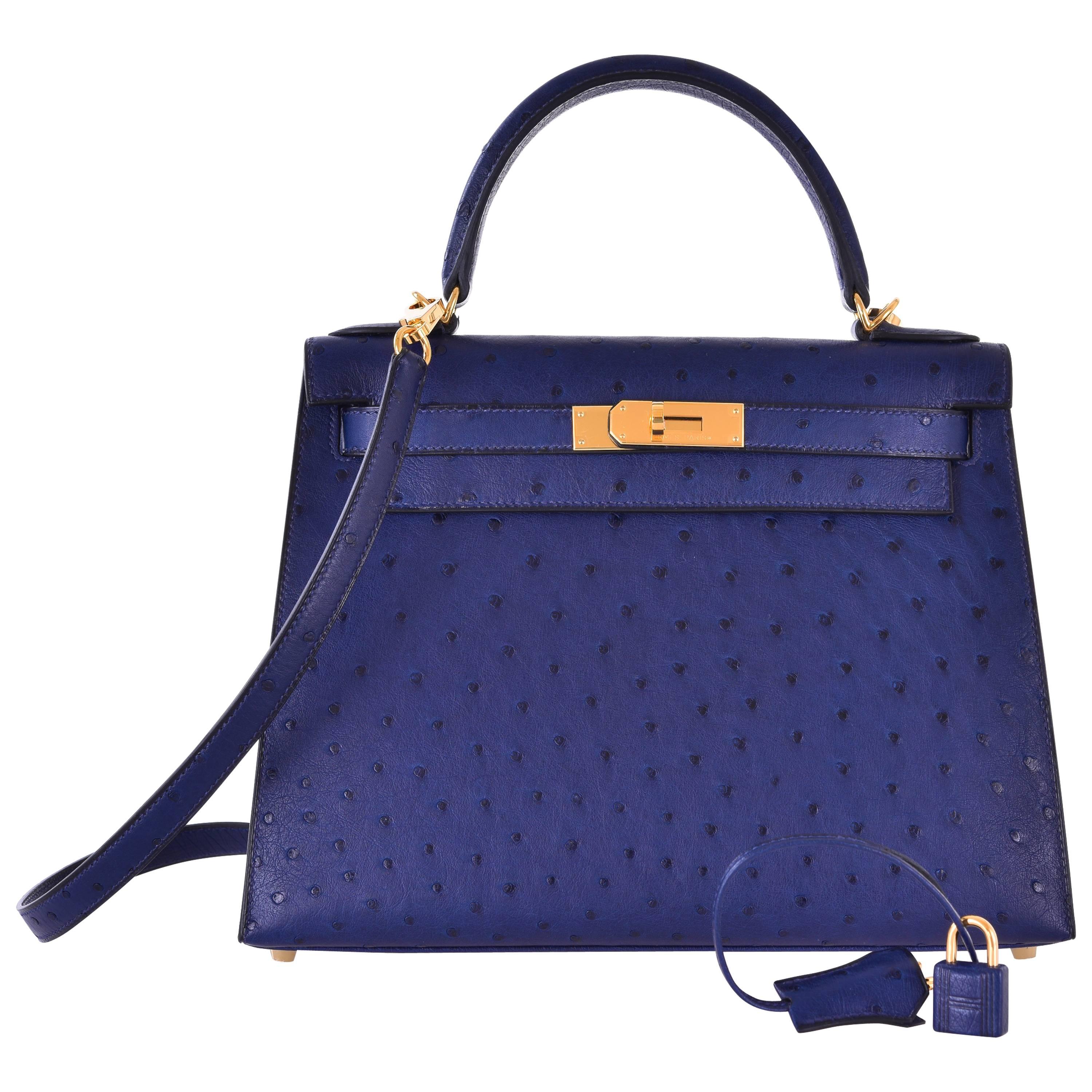 Hermes Ostrich Kelly 28cm Blue Iris Gold Hardware JaneFinds For Sale