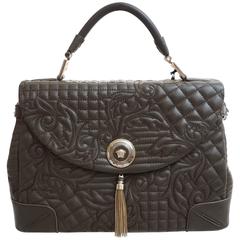 VERSACE Chocolate Brown Leather Barocco Embroidered Altea Vanitas Bag