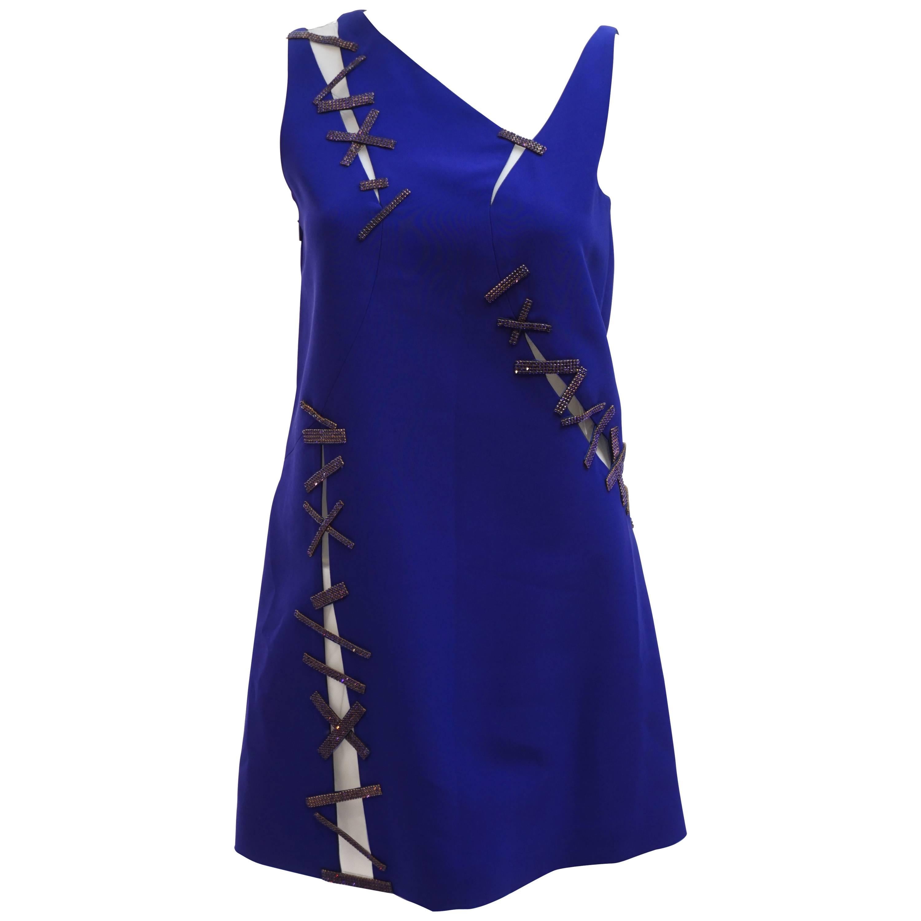 Versace Cut-out crystal embellished blue crepe dress